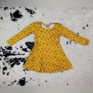 Girls Mustard Yellow Floral Print Long Sleeve Round Neck A-Line Dress Size 5